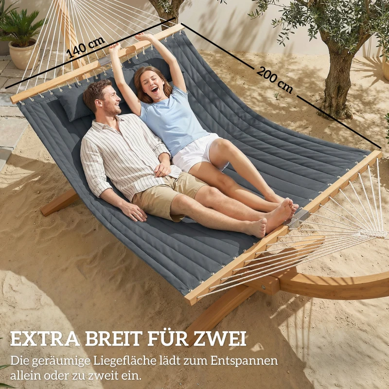 Outsunny Hängematte Outdoor 200x140cm, zweilagig Hängematte mit Kopfstütze Magazintasche Holzstäbe bis 200kg