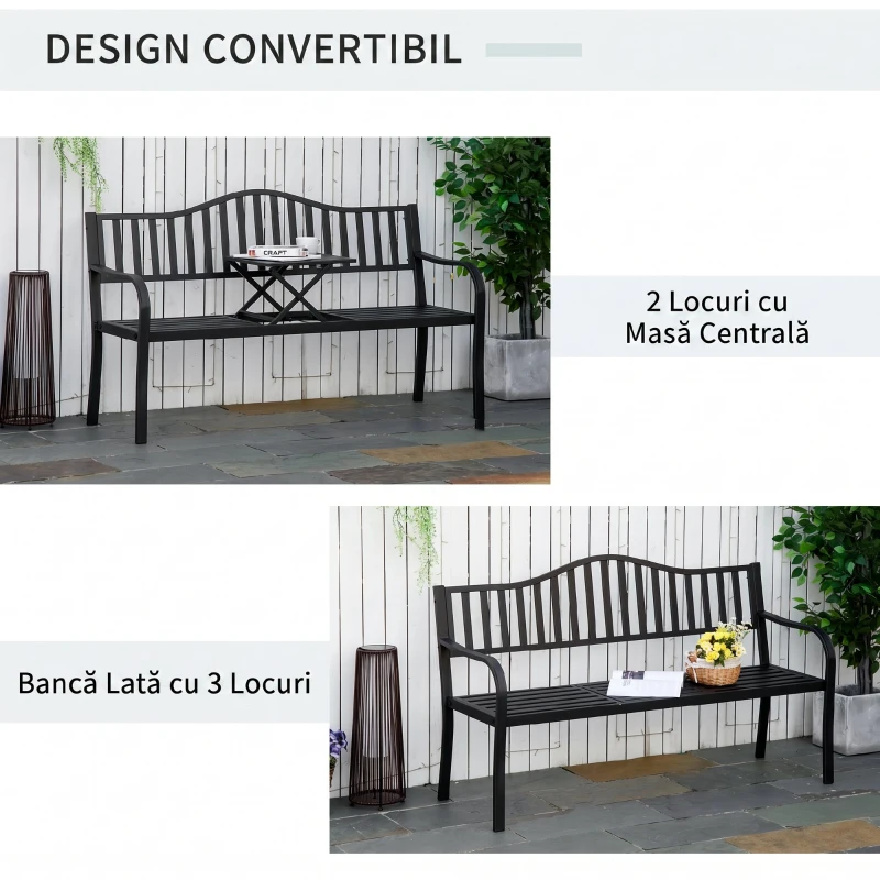 Outsunny, Băncuță de grădină, Cu masă de cafea integrată, Metal,150 x 58.5 x 90 cm, Negru