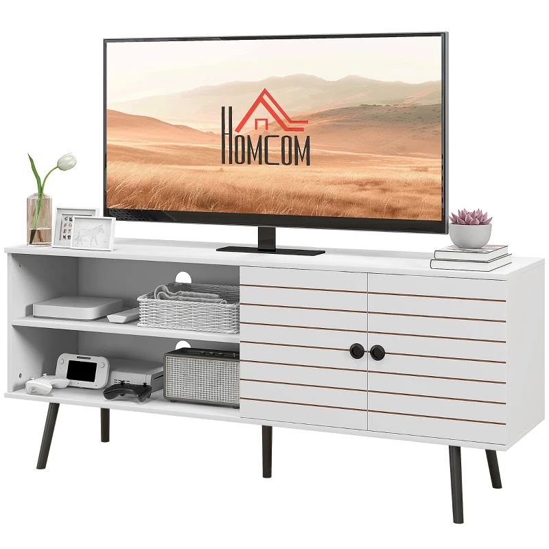 HOMCOM TV Stand with Cupboard, Open Shelves, Striped Doors, Wooden legs, White
