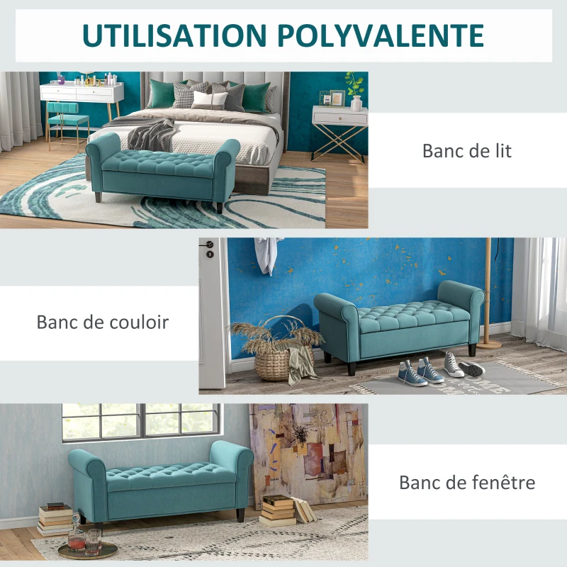 HOMCOM Banc de rangement bout de lit avec accoudoirs, tissu velours rembourré et capitonné, 126 x 48,5 x 57 cm, vert