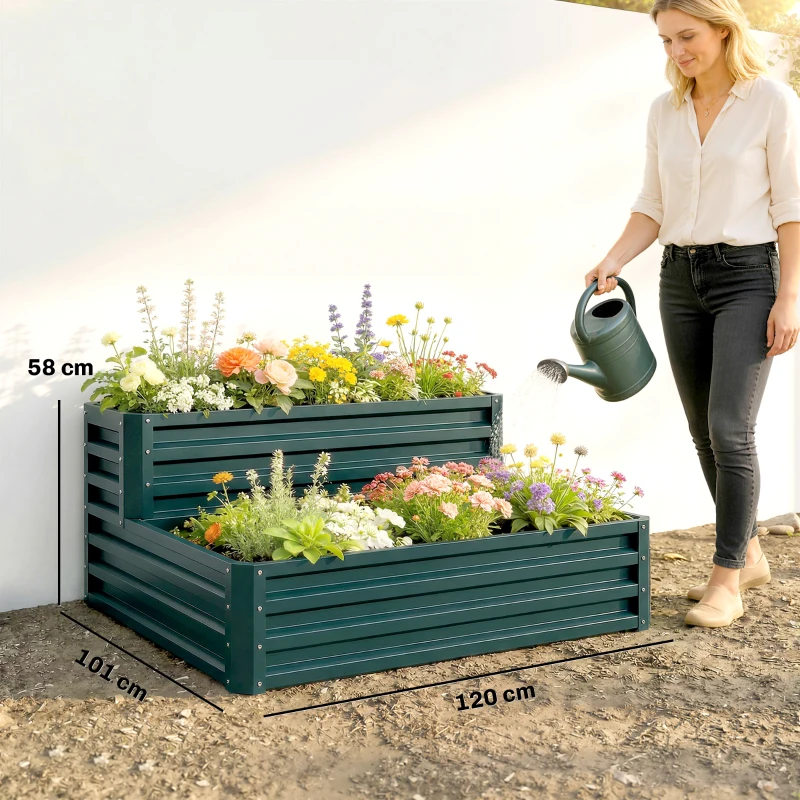 Outsunny Carré potager de jardin fond ouvert 2 étages pour herbes légumes fruits fleurs 120 x 101 x 58 cm vert