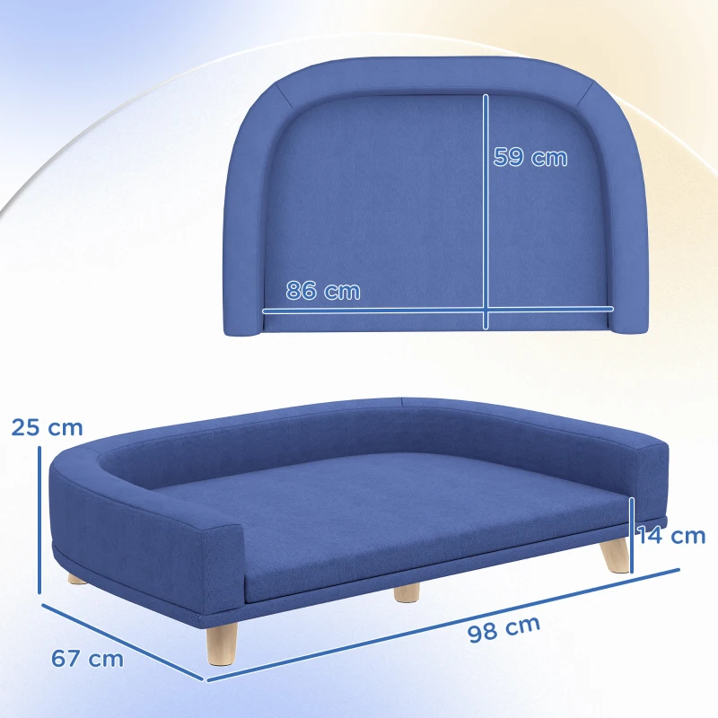 PawHut Canapé pour chien grand lit surélevé pour chien coussin lavable cadre en bois tissu polyester 98 x 67 x 25 cm bleu