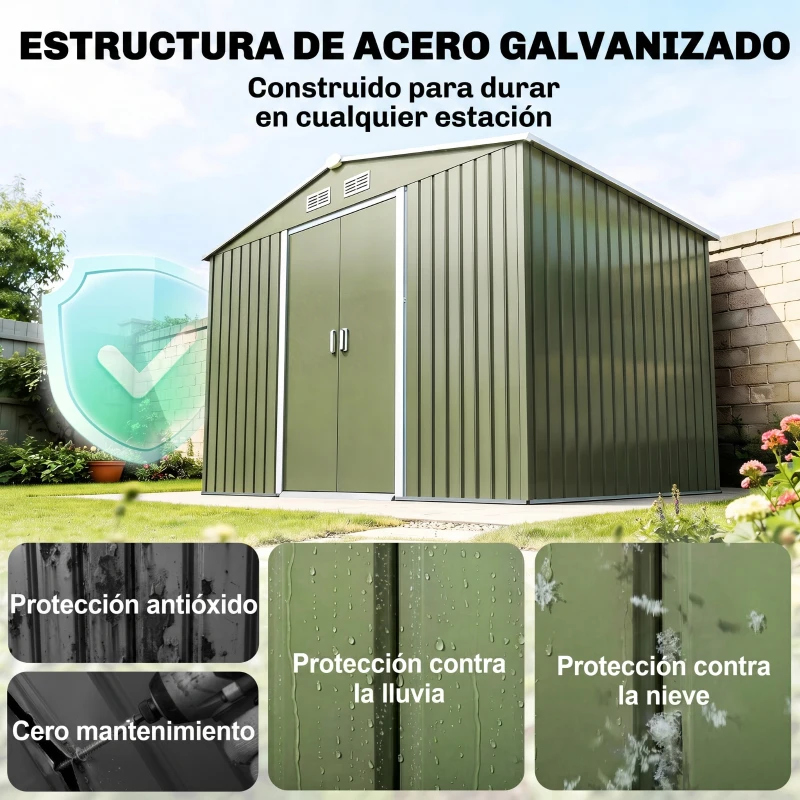 Outsunny Cobertizo de Jardín 4,9 m² 277x195x192 cm con 2 Puertas Corredizas Base Refuerzo (Suelo NO Incluido) Verde Claro