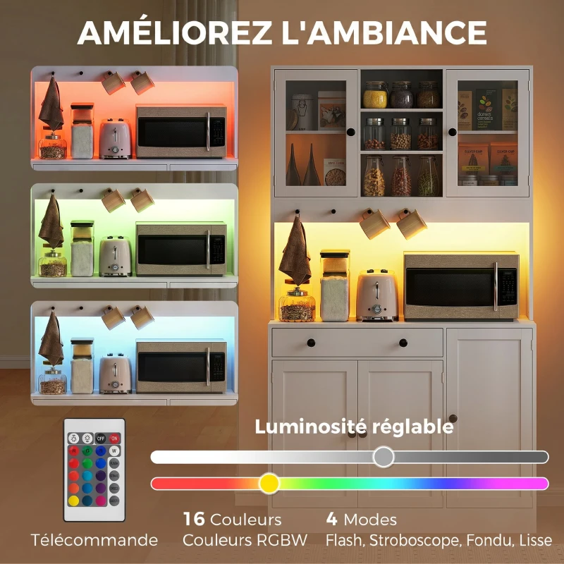 HOMCOM Meuble de rangement avec éclairage LED, placards et tiroir, portes vitrées, télécommande inclus, blanc