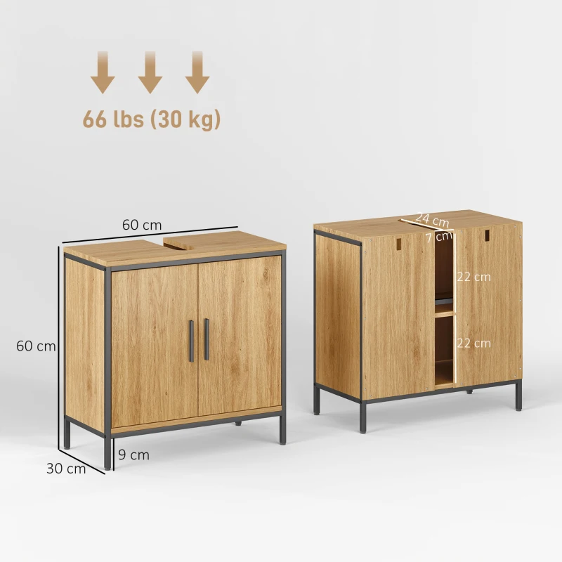 HOMCOM Waschbeckenunterschrank Badezimmer Unterschrank mit 2 Türen, einstellbarem Regal Badezimmerschrank mit Stahlrahmen, für Waschbecken ohne Sockel, Eiche, 60x30x60 cm