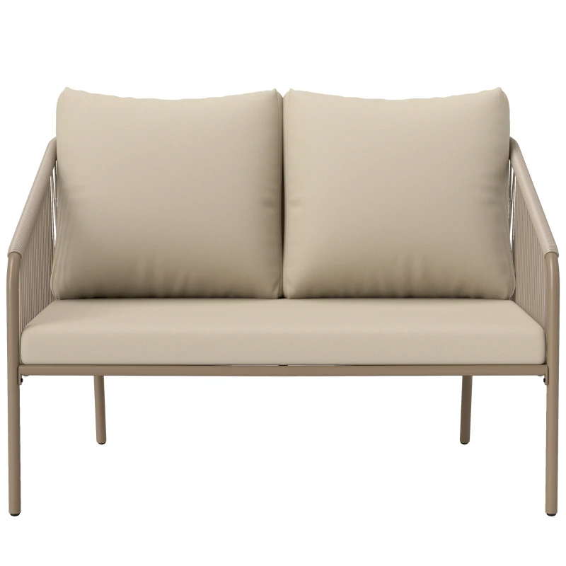 Outsunny Divano da Giardino 2 Posti Stile Boho in Rattan PE e Acciaio con Cuscini, 112x72x76, Beige