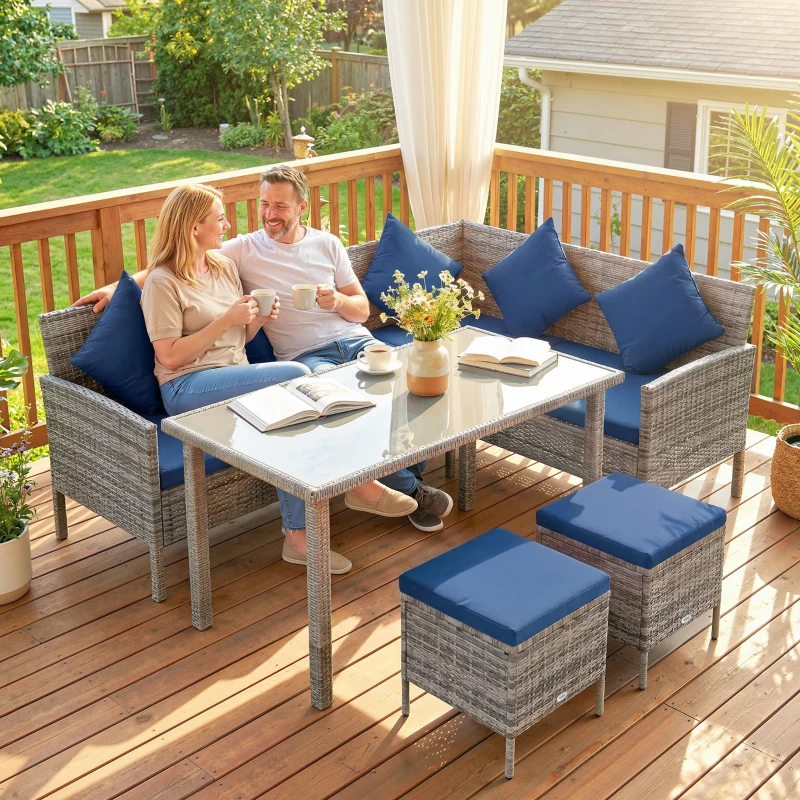 Outsunny 5 Pieces Rattan Garden Furniture Set with Dining Table, Cushions - Dark Blue