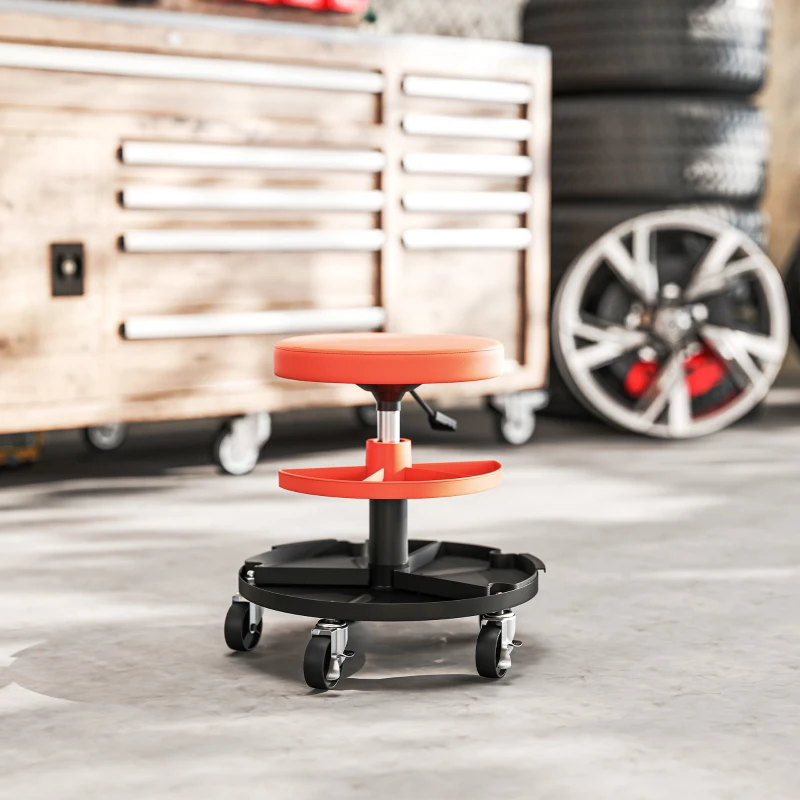 HOMCOM Taburet de Atelier cu Roți Ø6 cm, Capacitate până la 135 kg, Înălțime Reglabilă 40-51 cm, cu Tăvi pentru Unelte, Portocaliu