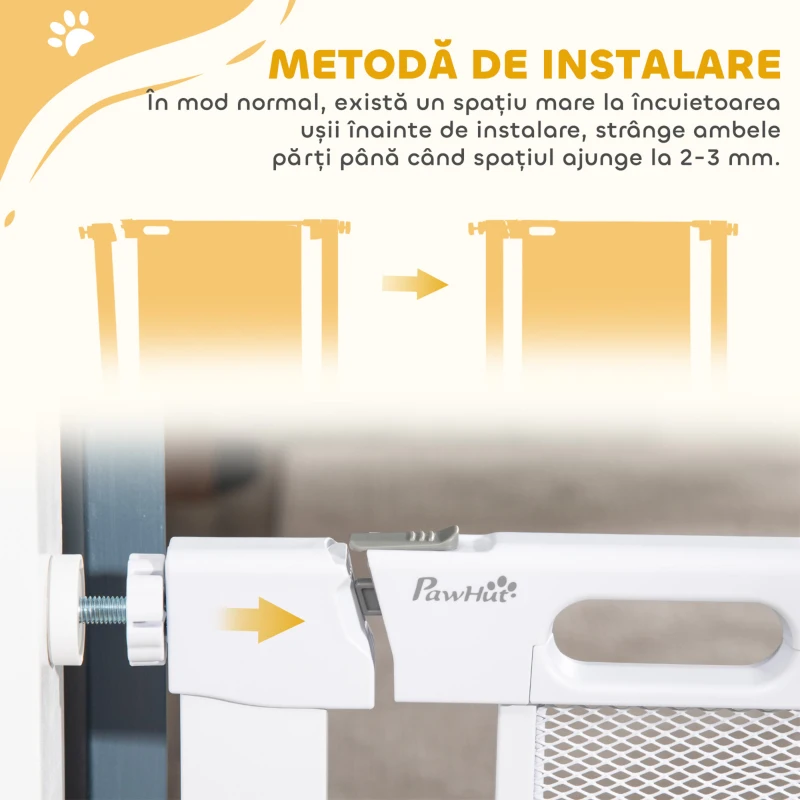 PawHut Poartă Reglabilă pentru Câini cu Închidere Automată, din Oțel și ABS, 75-82x76 cm, Albă