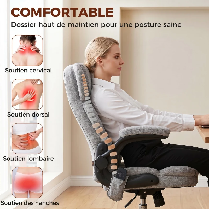 HOMCOM Fauteuil de bureau massant et chauffant, chaise de bureau ergonomique avec hauteur réglable, fonction à bascule, gris