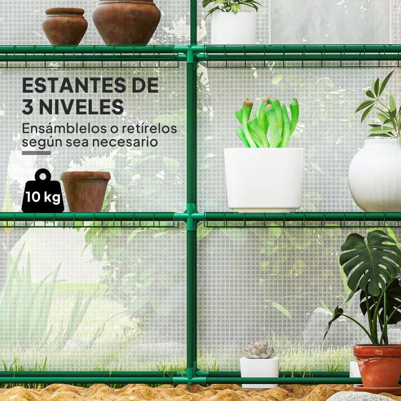 Outsunny Invernadero de Exterior con 12 Estantes Puerta Enrollable Cubierta de PE y Marco de Acero 140x213x190 cm Blanco