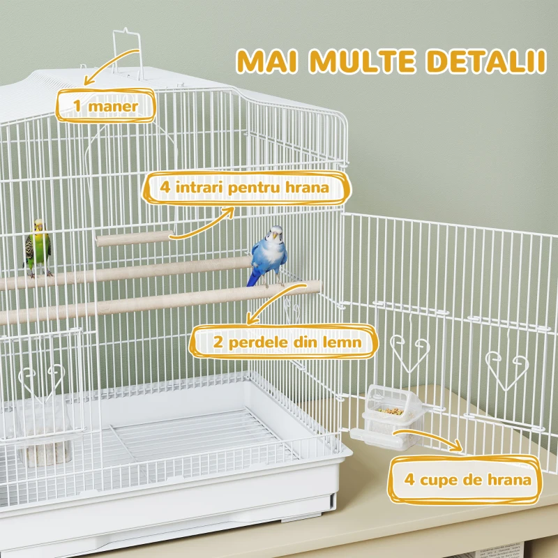 PawHut Colivie pentru Păsări Portabilă cu Mâner, Tăviță Extractibilă și 5 Uși, Stinghii și Leagăn, Alb