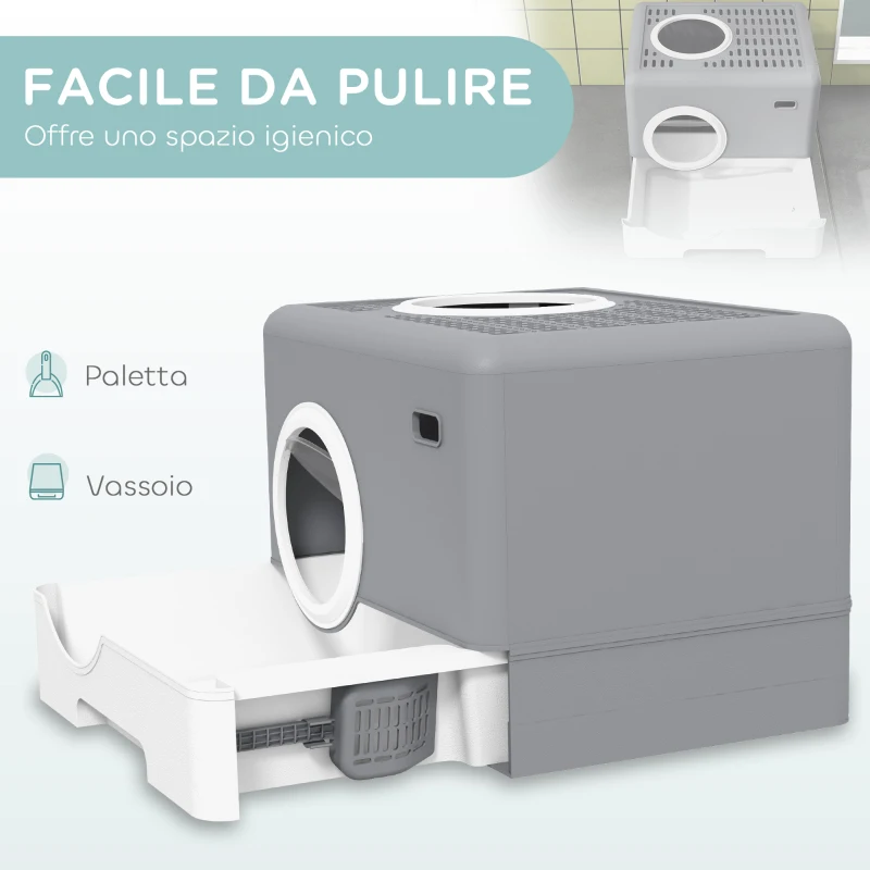 PawHut Lettiera per Gatti con Coperchio e Paletta, Doppio Ingresso e Vassoio Estraibile, 52x41x38.5 cm, Grigio