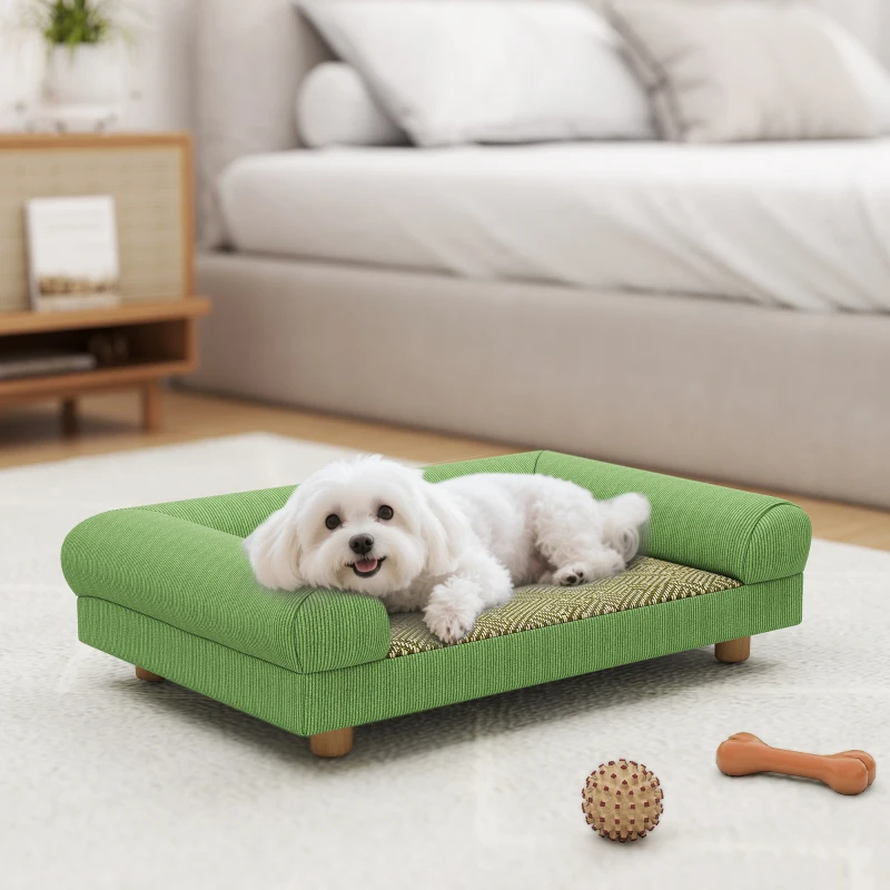 PawHut Canapé pour chien chat lit pour chien surélevé, assise de tapis frais, accoudoirs, en velours doux 63 x 41 x 17 cm, vert