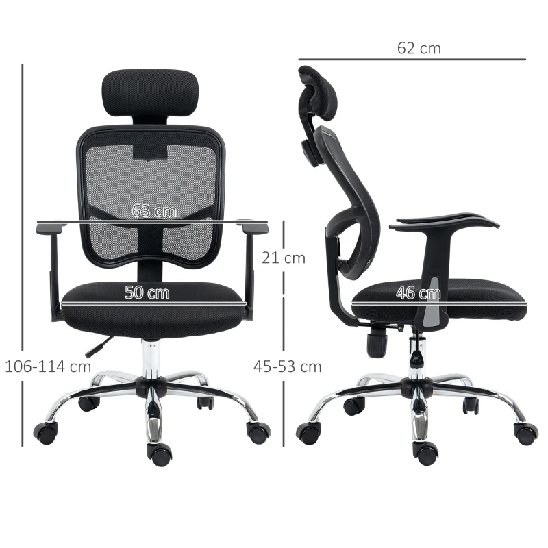 Scaun de birou ergonomic Vinsetto cu șezut reglabil și tetieră, din poliester și oțel, 63x62x106-114 cm, Negru