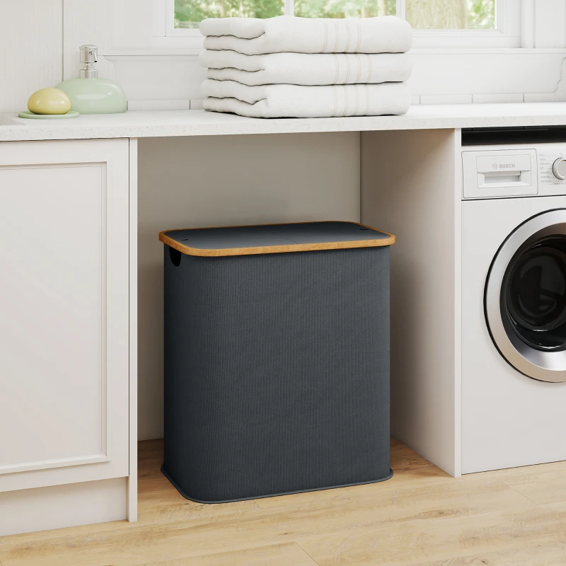 HOMCOM Panier à linge double pliable 80 L corbeille à linge sale avec couvercle, poignées rainurées, gris