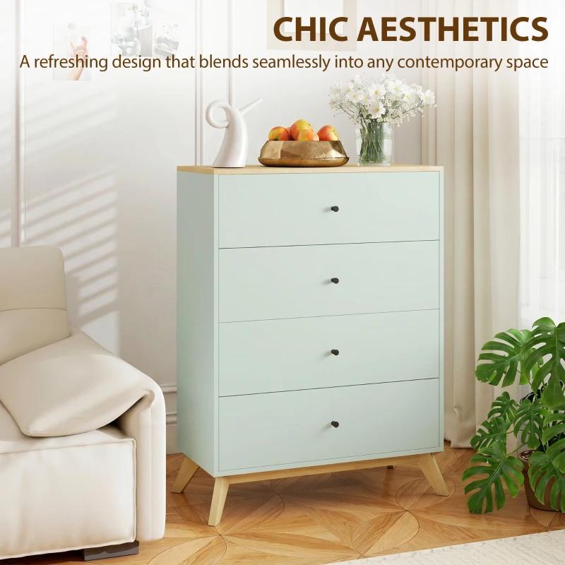 HOMCOM 4 Drawer Storage Cabinet, Chest of Drawers for Bedroom Living Room, Light Green and Oak
