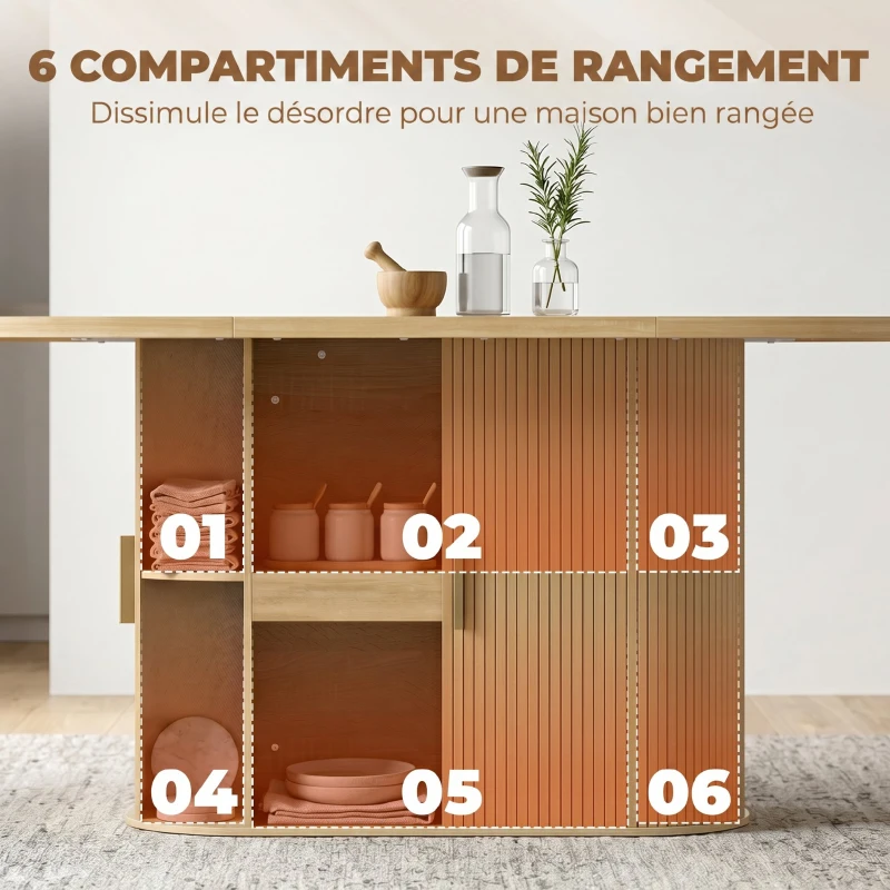 HOMCOM Table à Manger Ovale pour 6 personnes, Portes Coulissantes, 6 Compartiments, Style Farmhouse Moderne, 180x80x75cm, Chêne