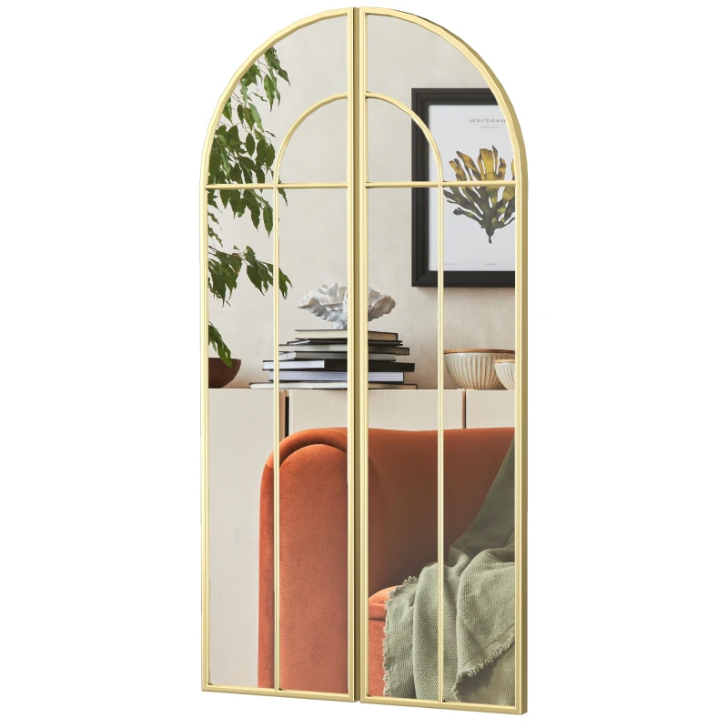 HOMCOM Espejo de Pared Dorado Espejo Decorativo con Diseño en Arco y 2 Piezas 30x120 cm Reflejos Claros y Fácil Instalación
