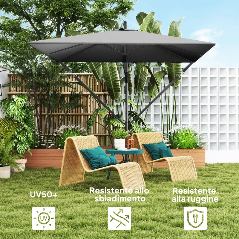 Outsunny Ombrellone da Giardino a Sbalzo 2.5x2.5 m con Manovella, Inclinabile e Girevole con Copertura, Grigio