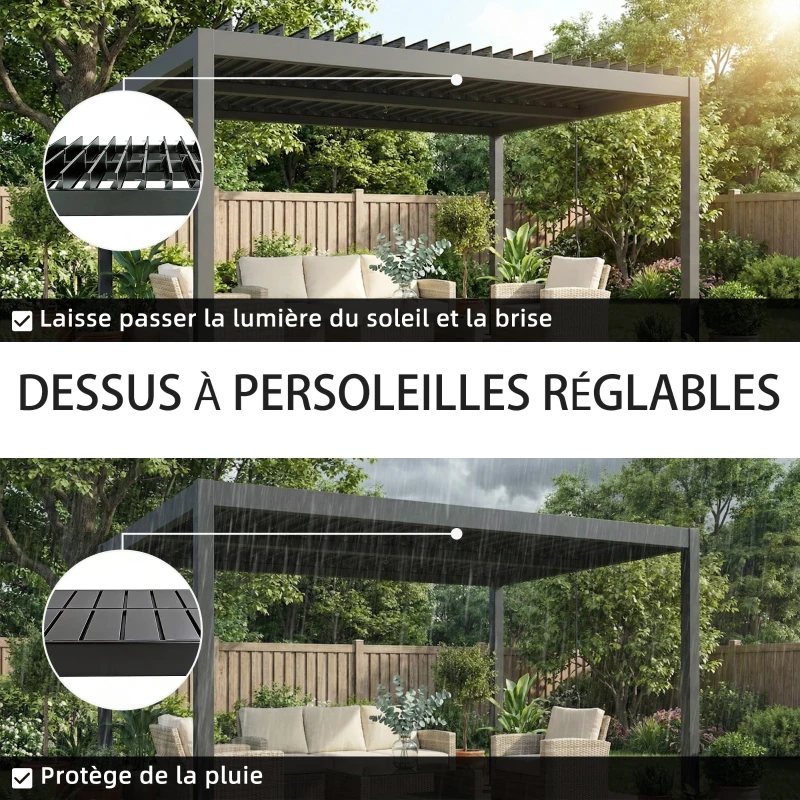 Outsunny Pergola bioclimatique 4x3m, pergola aluminium, lames orientables, manivelle, protection soleil, imperméable, gris foncé