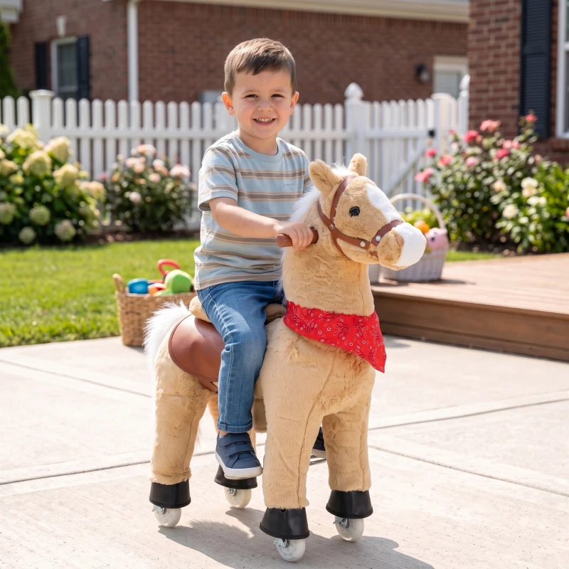AIYAPLAY Caballo balancín de peluche con cabeza giratoria, ruedas rodantes y sonidos de relincho, desde 2 años, marrón claro
