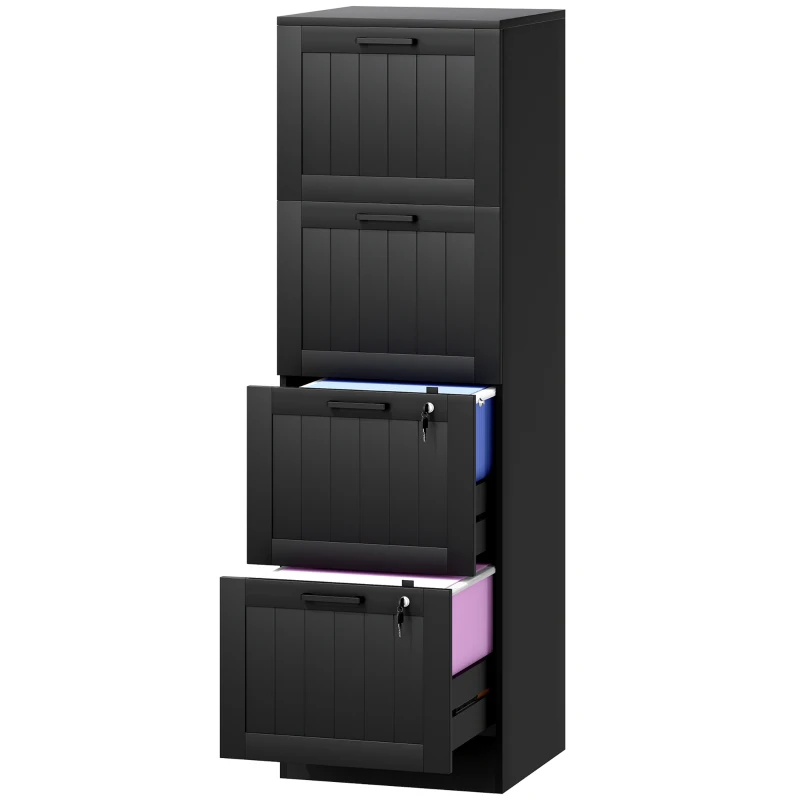 HOMCOM Caisson bureau, meuble rangement bois 4 tiroirs et serrure, barres de suspension réglables, 40 x 40 x 131 cm, noir(m-12)