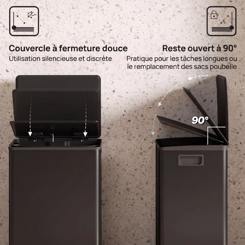 HOMCOM Poubelle cuisine 50L, poubelle à pédale, seau intérieur amovible, couvercle à fermeture douce, 41,7x36,6x62cm, noir