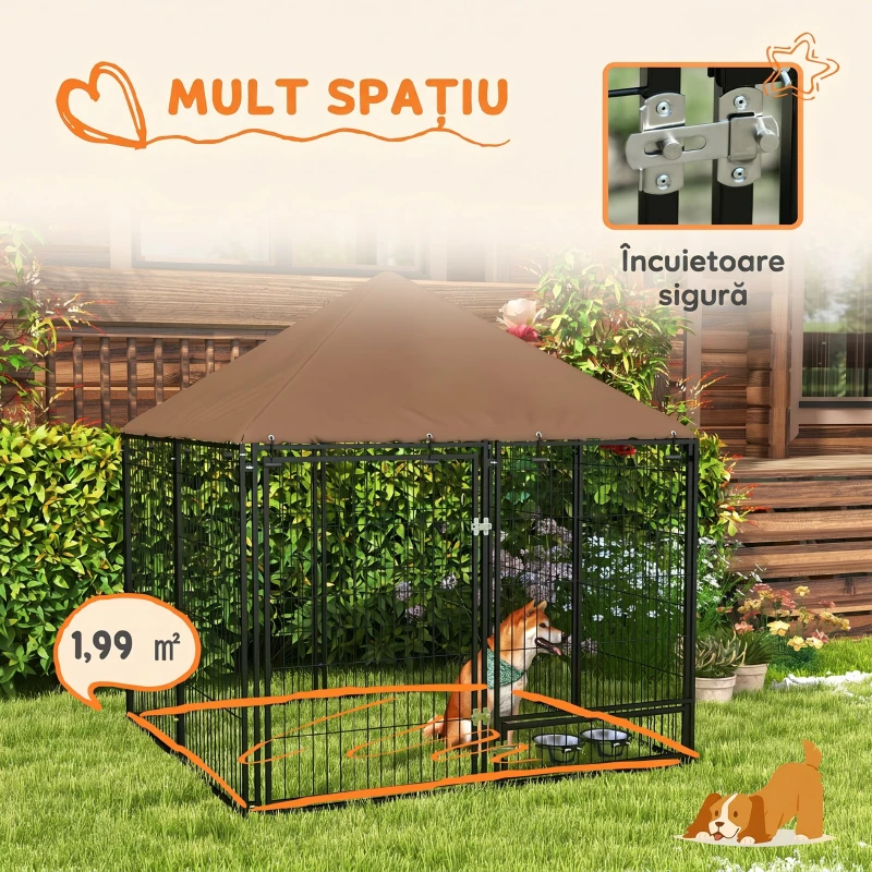 PawHut Țarc pentru câini din metal și material Oxford cu ușiță pentru boluri, 141x141x151 cm, negru și maro(m-8)