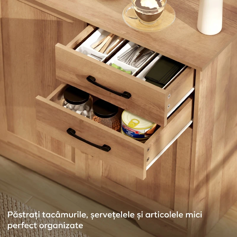 HOMCOM Dulap de Bucătărie cu 2 Sertare și 3 Dulapuri, Rafturi Ajustabile, 120x38x79 cm, Stejar