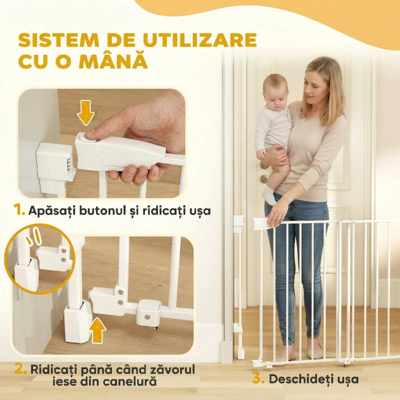 PawHut Poartă Animale 74,5-111,5 cm, Închidere Automată, Operabilă cu Mână, Montaj pe Perete, Alb