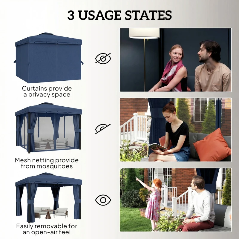 Outsunny 3 x 3(m) Patio Gazebo Canopy Garden Pavilion Tent Shelter Marquee with 2 Tier Roof, Netting and Curtains, Dark Blue