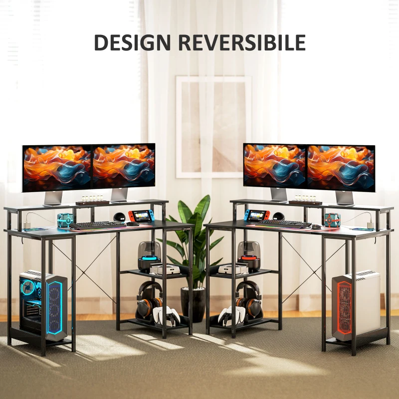HOMCOM Scrivania per PC Reversibile con Prese Elettriche, Luci, Supporto Monitor e Scaffale, 120x50cm, Nero