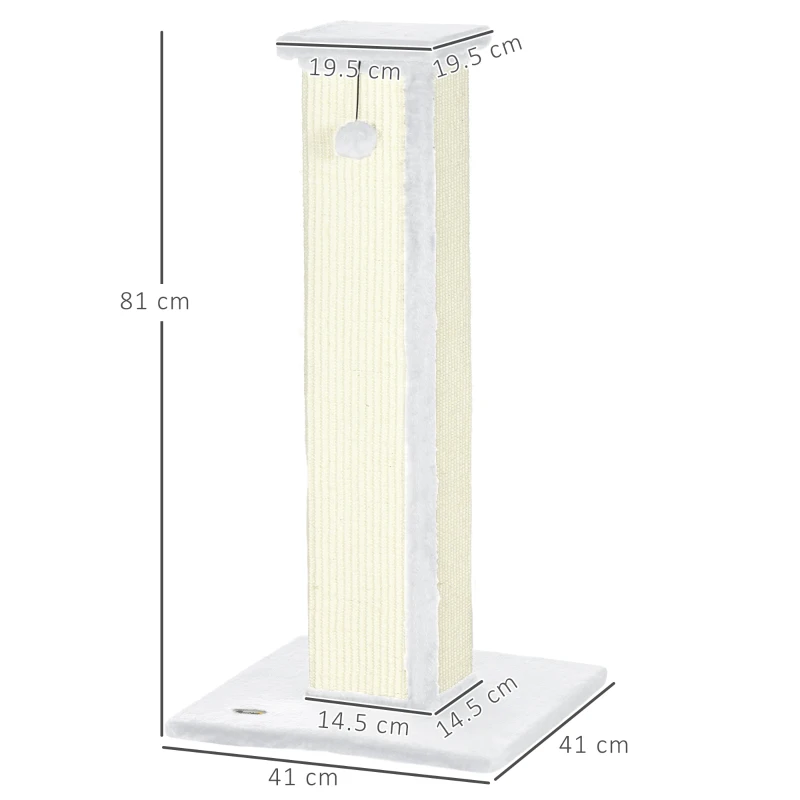 PawHut Zgârietor pentru pisici stâlp zgârietor din sisal și pluș, bilă suspendată bază stabilă 41 x 41 x 81 cm alb și crem