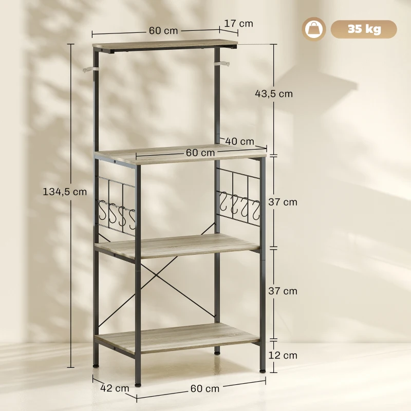 HOMCOM Estante de cozinha, suporte para micro-ondas, com painel gradeado, 8 ganchos, 60 x 42 x 134,5 cm, carvalho