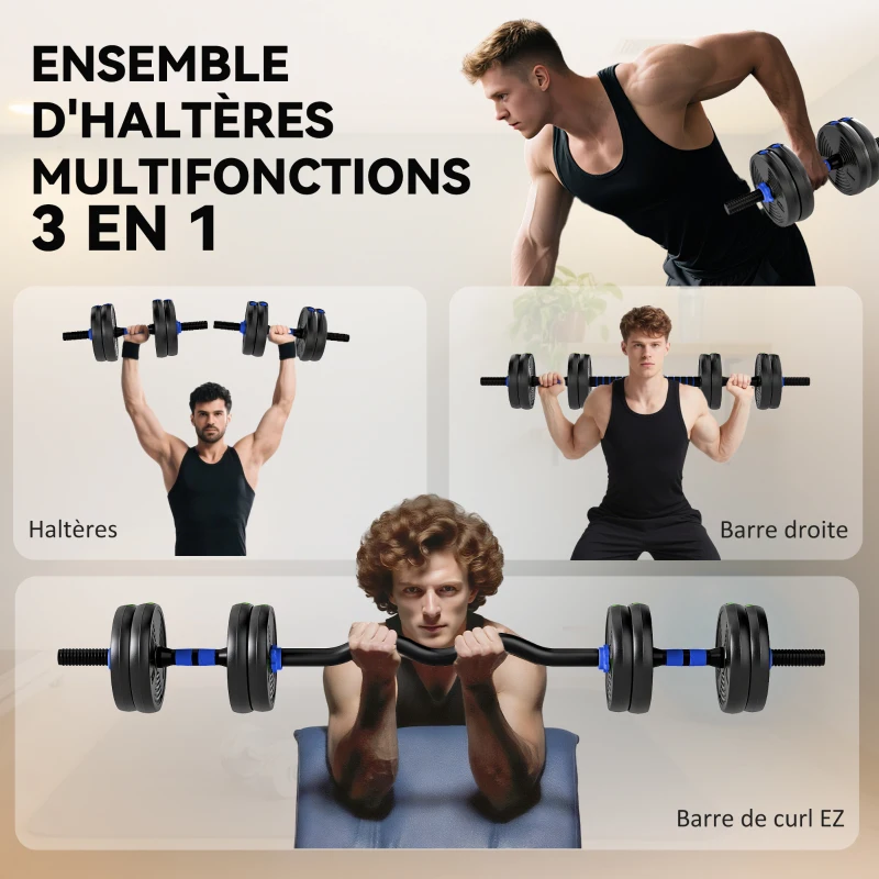 SPORTNOW Kit haltères musculation haltères réglables 15 kg 3 en 1, ensemble de poids réglable avec barre d'extension noir