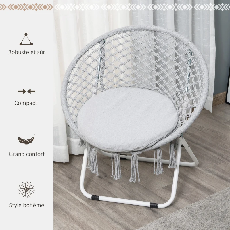 Outsunny Loveuse fauteuil rond de jardin fauteuil lune papasan pliable grand confort macramé coton polyester gris