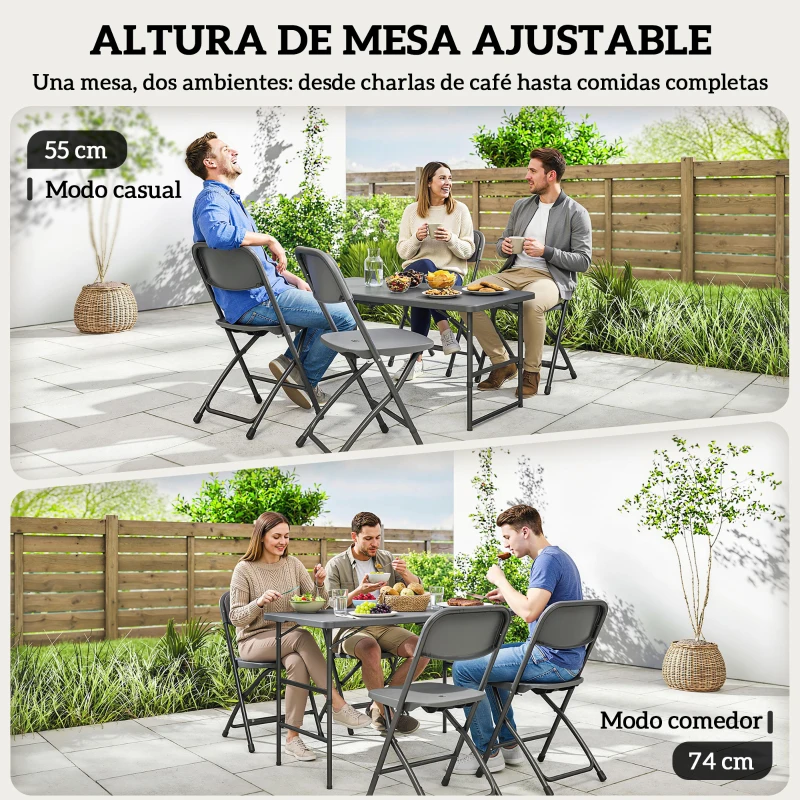 Outsunny Conjunto de Mesa y Sillas Jardín con Mesa Plegable Ajustable de 55 a 74 cm y 4 Sillas Plegables para Terraza Gris