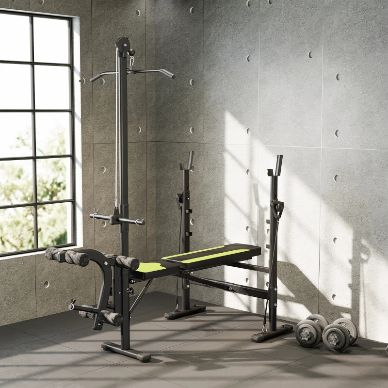 HOMCOM Panca Multifunzione Stazione Fitness con Schienale Regolabile su 3 Livelli, Supporto Gambe e Barra Superiore, 175x110x202cm, Nero