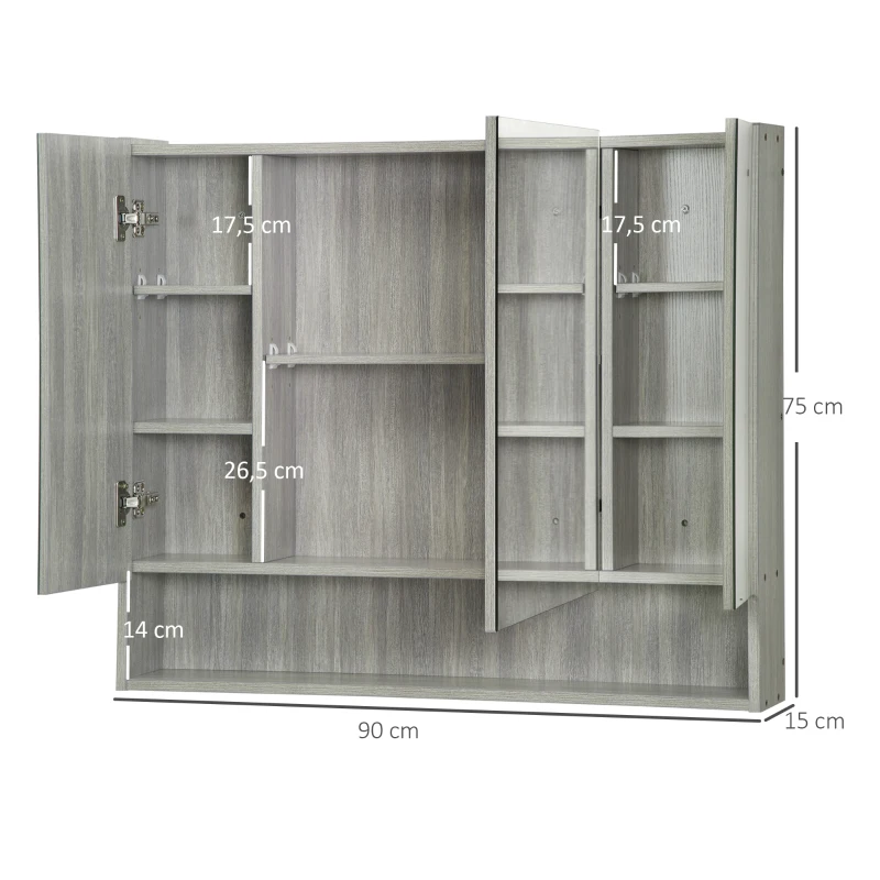 kleankin Armadietto con Specchio a 4 Sezioni con Ripiani Regolabili, in Legno e Vetro, 90x15x75 cm, Grigio