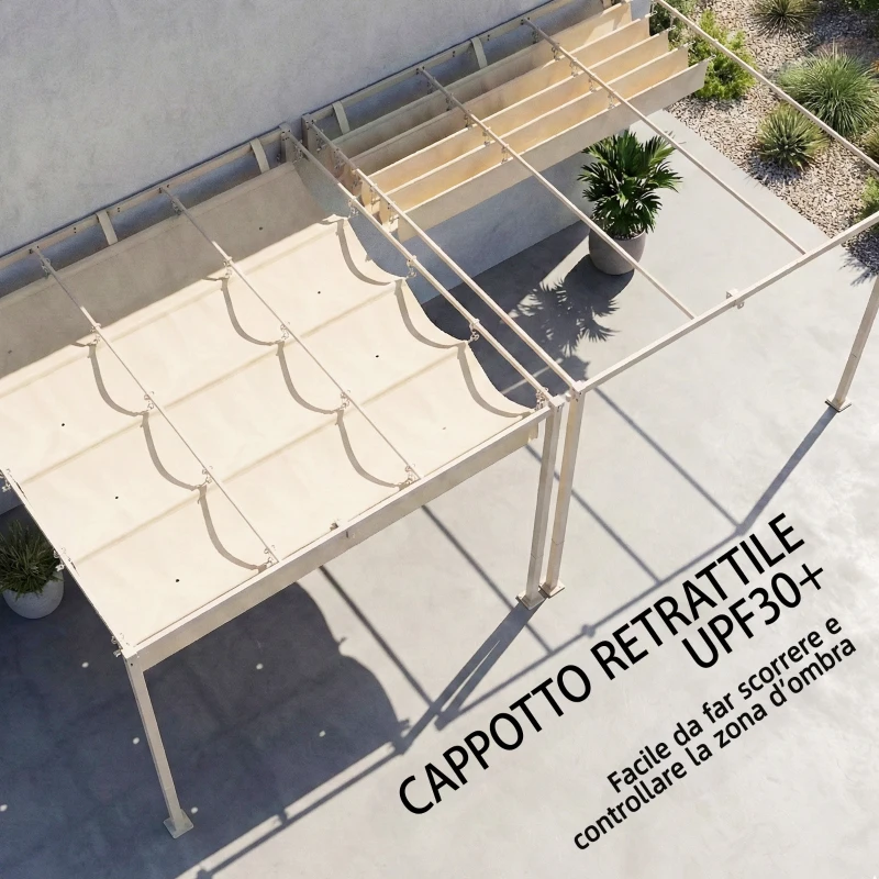 Outsunny Pergola Addossata 3x3 m con Tetto Retrattile Scorrevole UV30+ e Fori di Drenaggio, Beige