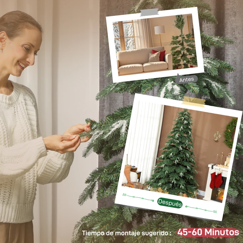 HOMCOM Árbol de Navidad Artificial 210 cm Ramas Realistas con Efecto Nieve Soporte de Acero Base Plegable Montaje Rápido