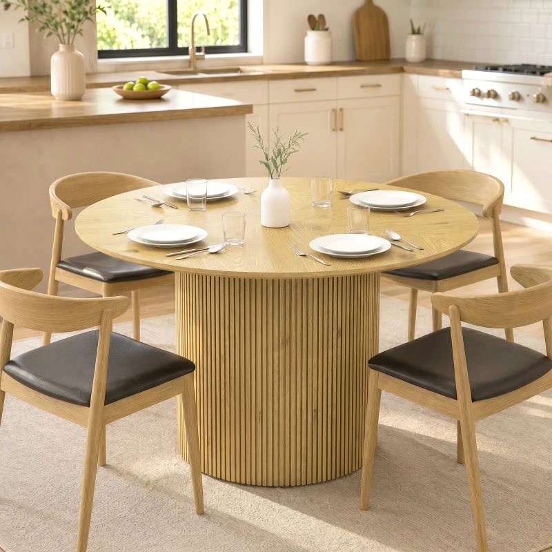 HOMCOM Mesa de Comedor Redonda Moderna para 4-6 Personas Mesa de Cocina de 110 cm con Base Cilíndrica Acanalada Roble