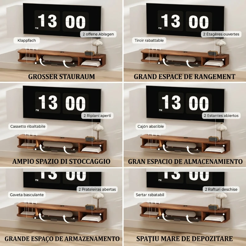 HOMCOM Mobilier TV Suspendat, Suport TV pentru Televizoare până la 50", cu Sertar Rabatabil, 2 Rafturi Deschise și Orificiu pentru Cabluri, Mobilier pentru Living, Dormitor și Cameră de Zi, 120x24x16 cm, Nuc