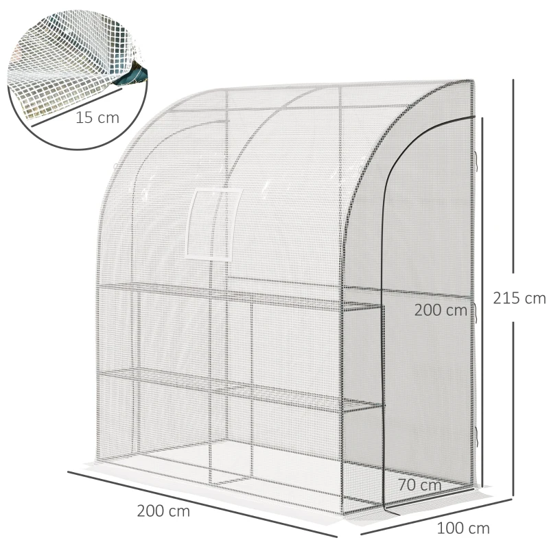 Outsunny Walk-In Lean to Wall Greenhouse with Windows and Doors, Outdoor Green House with 3 Tiers 4 Wired Shelves, 200L x 100W x 215Hcm, White