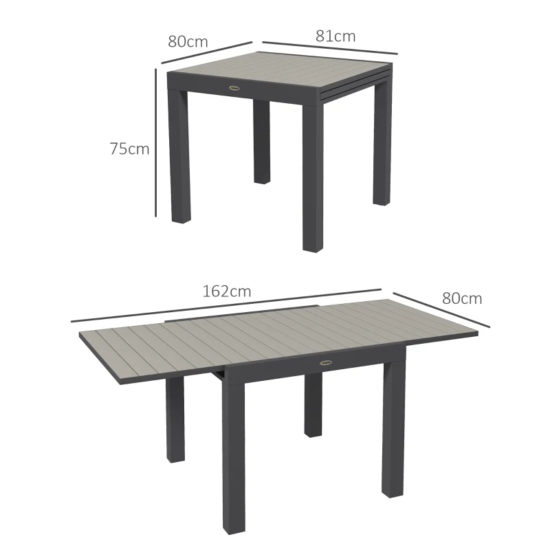 Outsunny Masă de Grădină Extensibilă pentru 4-6 Persoane cu Blat cu Șipci, din Aluminiu, 81/162x80x75 cm, Gri