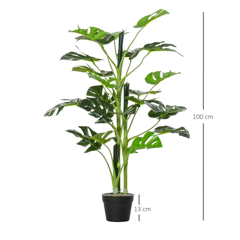 Outsunny Plante artificielle modèle Monstera avec 21 feuilles en pot ciment, intérieur ou extérieur, dim. Ø16 x 100H cm