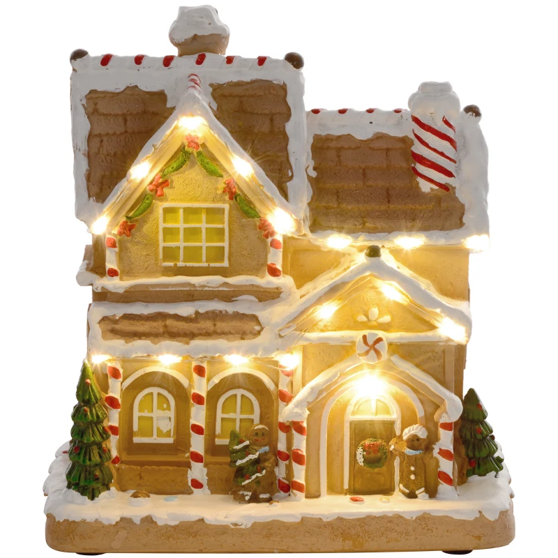 HOMCOM Lebkuchenhaus mit LED-Lichtern und Musik, Weihnachtshaus Winterlandschaft mit Lebkuchenmann, für Weihnachten, Braun
