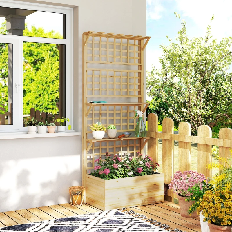 Outsunny Fioriera Rialzata in Legno con Traliccio, Tetto e 2 Mensole, 76x43.5x177 cm, Legno Naturale