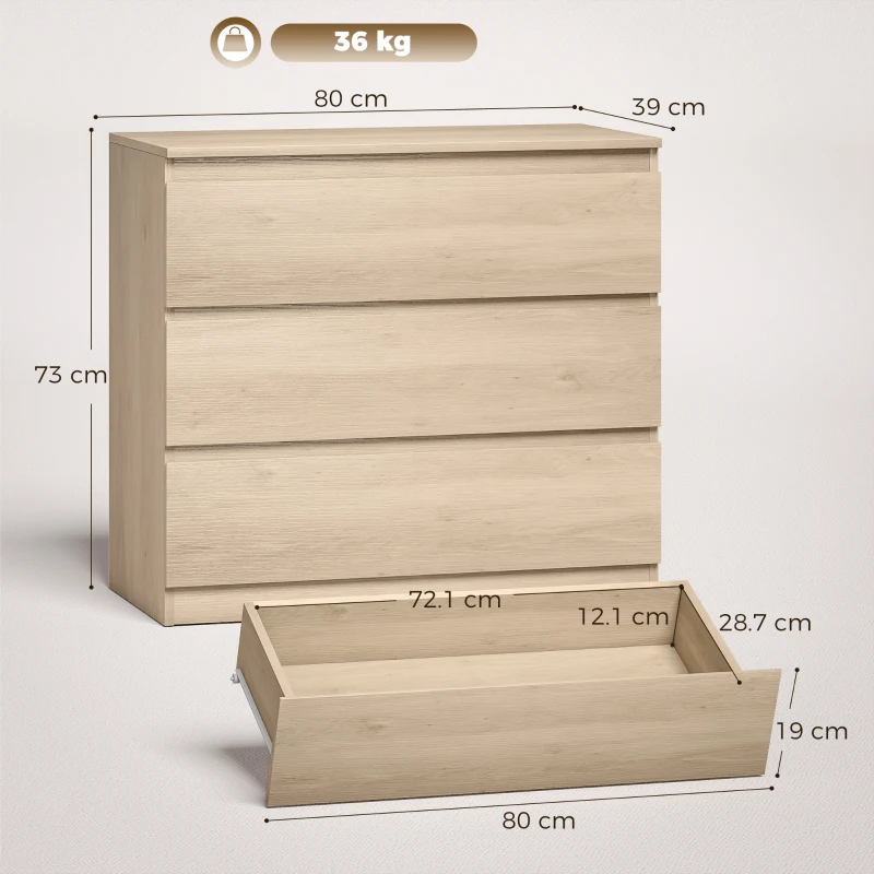 HOMCOM 3-Drawer Storage Organiser Unit, Chest of Drawers for Bedroom, Living Room, 80 x 39 x 73cm, Oak